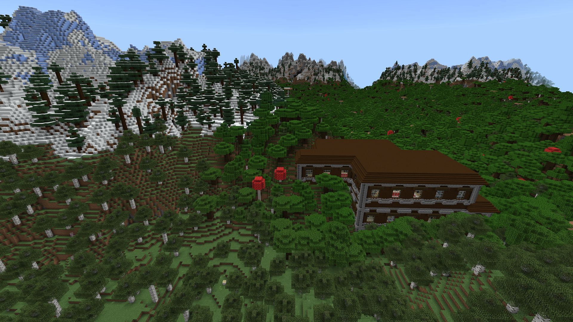 This seed's woodland mansion is in a gorgeous mountain valley (Image via Mojang)